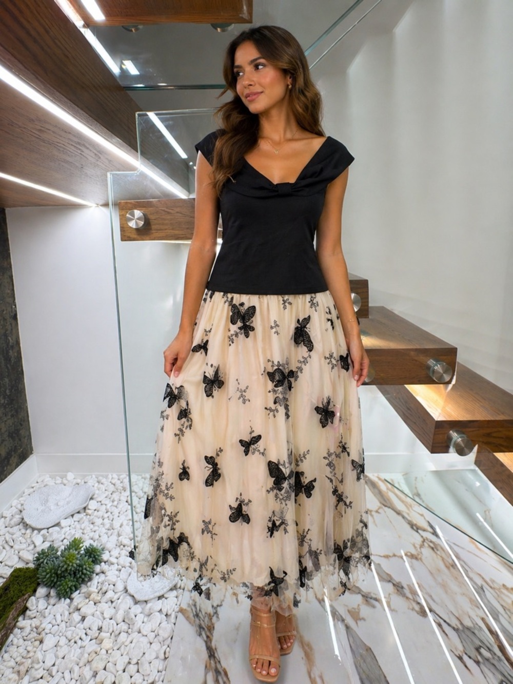Black Top with Ivory Butterfly Embroidered Tulle Skirt